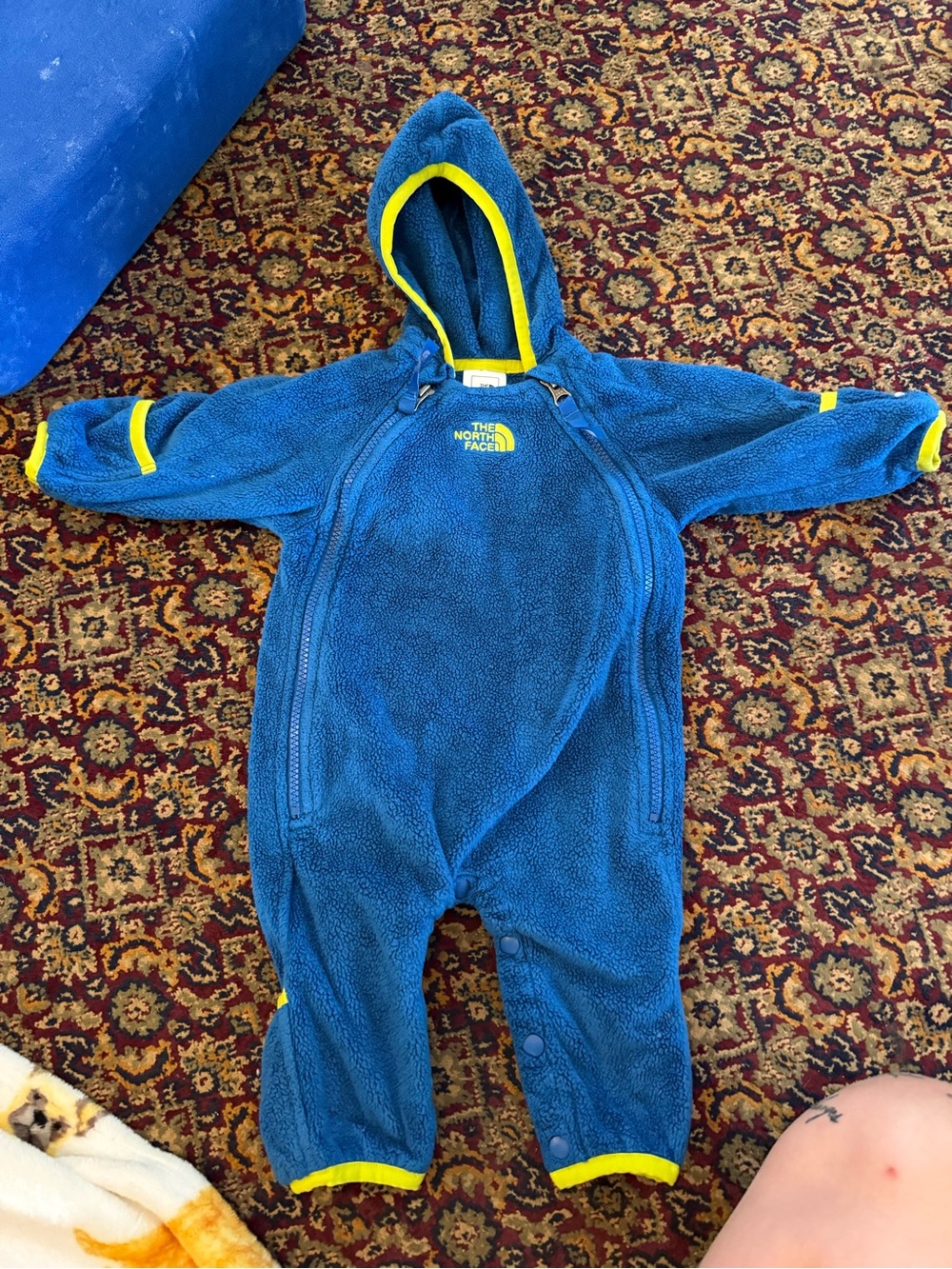The North Face Blue Fleece Hooded Kids One-Piece with Yellow Trim